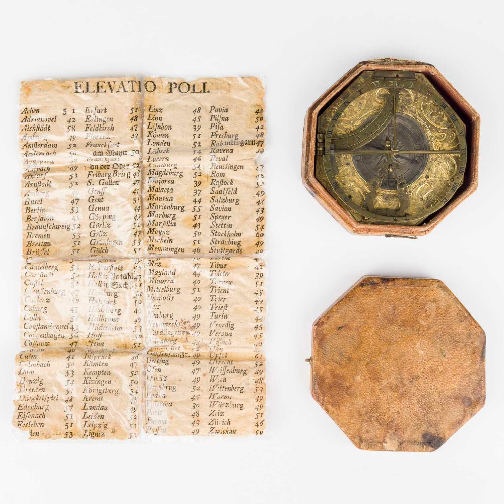 An 18th-century engraved brass octagonal pocket sundial with an inset glass-covered compass, an adjustable latitude arc, and a hinged hour ring. View XI