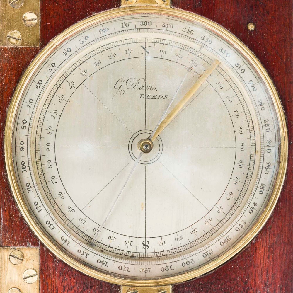An antique mahogany cased surveyor compass with folding brass sight vanes and a circular glass-covered needle face, mounted on a wooden pedestal base. View II