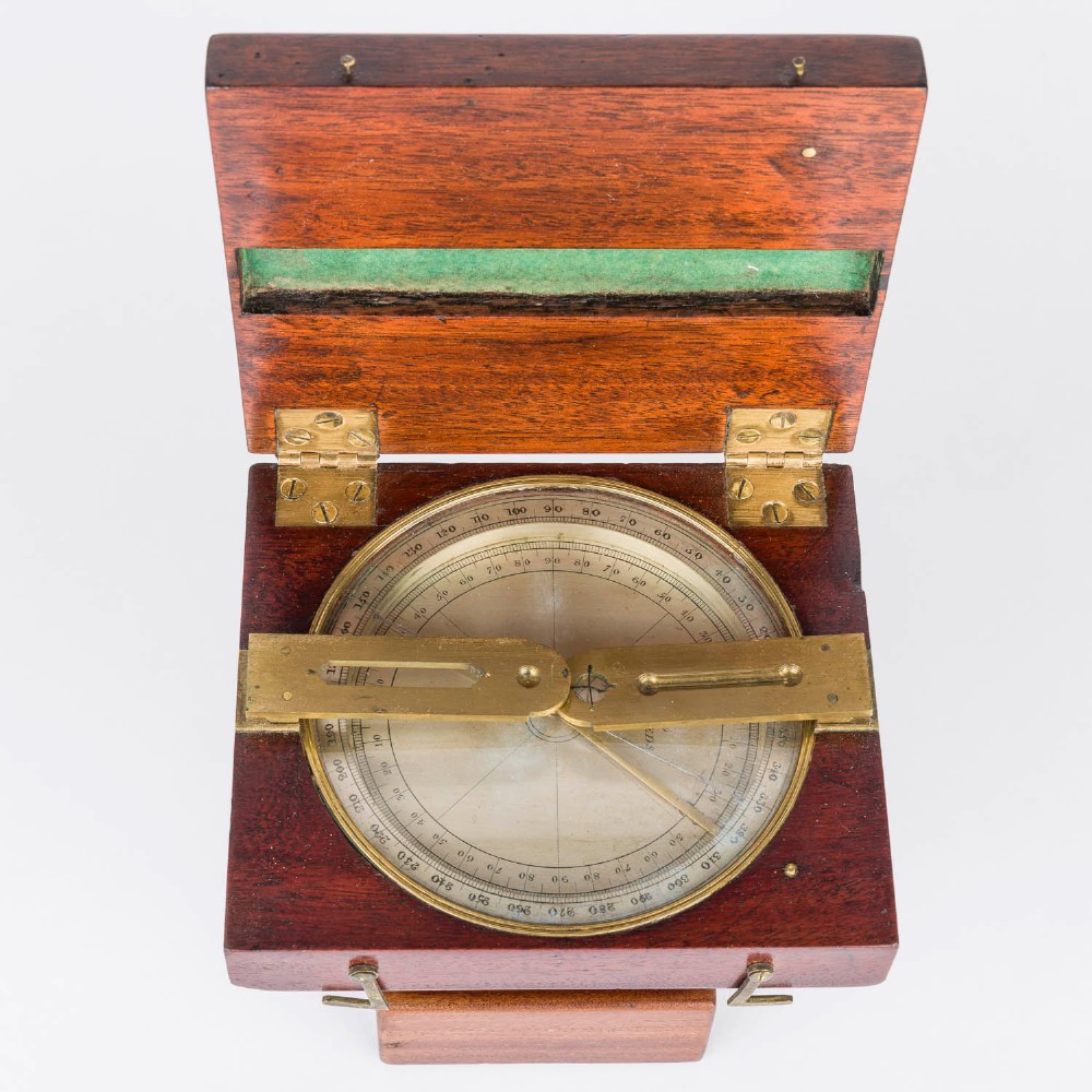 An antique mahogany cased surveyor compass with folding brass sight vanes and a circular glass-covered needle face, mounted on a wooden pedestal base. View IV