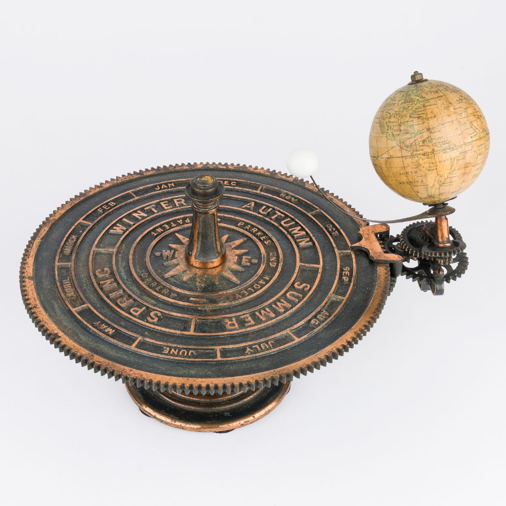 A Victorian Parkes and Hadley patent tellurian orrery featuring a cast metal base with calendar markings, interlocking gears, and a small terrestrial globe with a moon attachment. View III