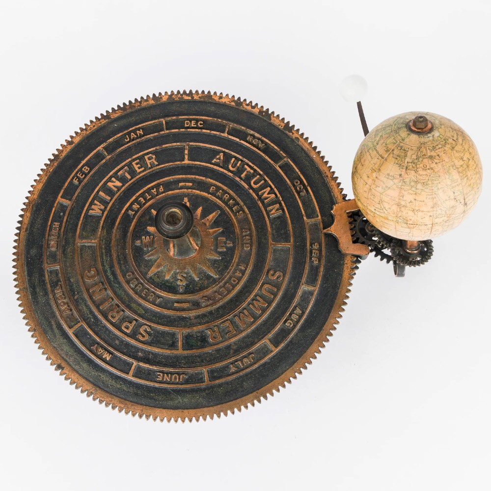 A Victorian Parkes and Hadley patent tellurian orrery featuring a cast metal base with calendar markings, interlocking gears, and a small terrestrial globe with a moon attachment. View VI