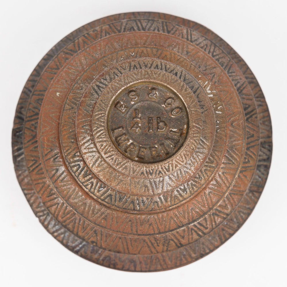 A set of six graduated cast iron nested imperial scale weights stacked into a pyramid shape, featuring textured chevron banding along the sides. View II
