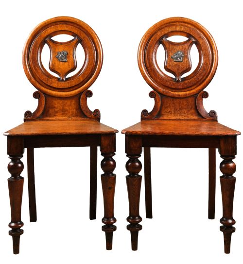 pair of victorian oak crested hall chairs - CATEGORY: ANTIQUE CHAIRS - DATED VICTORIAN