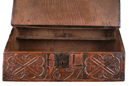DATED INITIALLED AND CARVED OAK DESK BOX - ADDITIONAL PHOTO 4