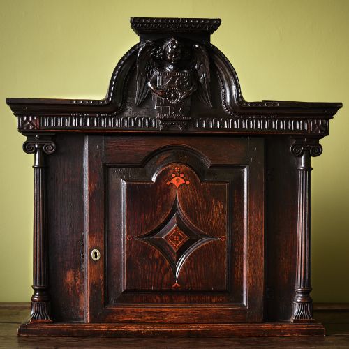 REMARKABLE CARVED OAK AND INLAID WALL CUPBOARD DATED 1763 - ADDITIONAL PHOTO 1