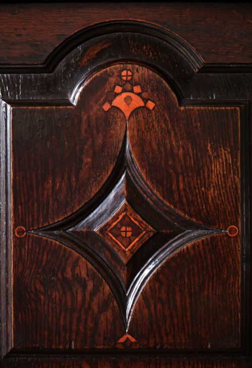 REMARKABLE CARVED OAK AND INLAID WALL CUPBOARD DATED 1763 - ADDITIONAL PHOTO 3