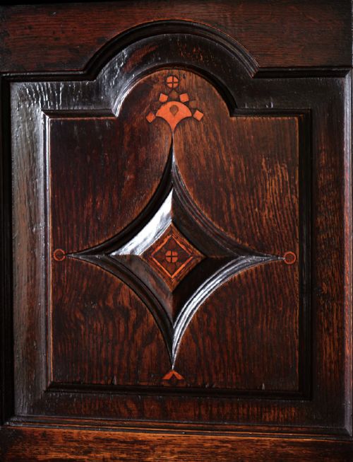 REMARKABLE CARVED OAK AND INLAID WALL CUPBOARD DATED 1763 - ADDITIONAL PHOTO 7