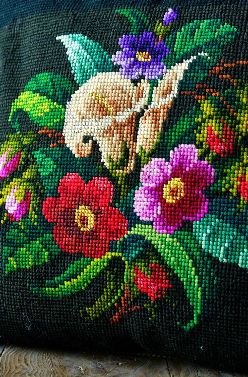 BRIGHTLY COLOURED VICTORIAN WOOL AND SILKWORK FLORAL PANEL CUSHION - ADDITIONAL PHOTO 1