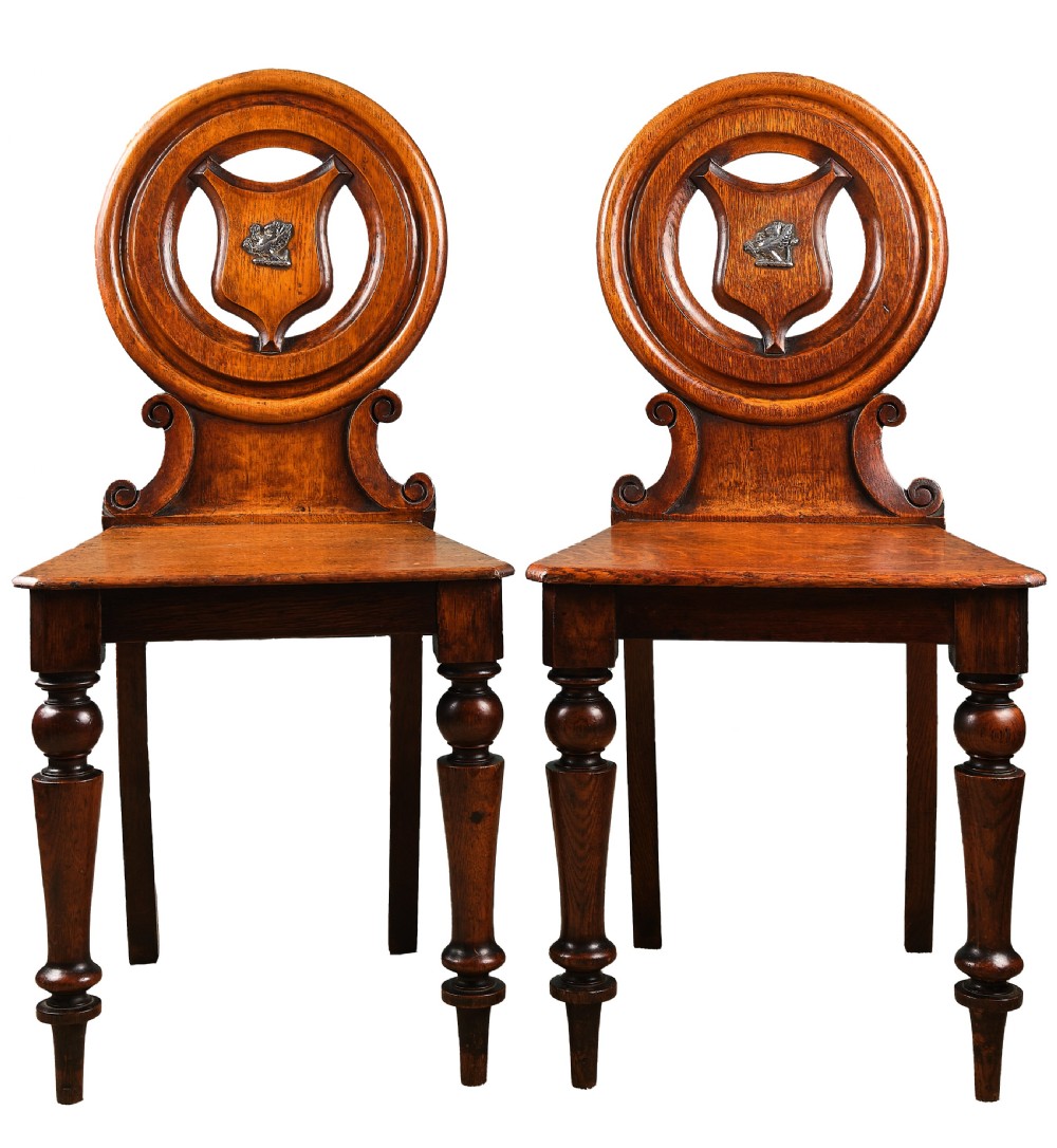 Pair of Victorian Oak Crested Hall Chairs