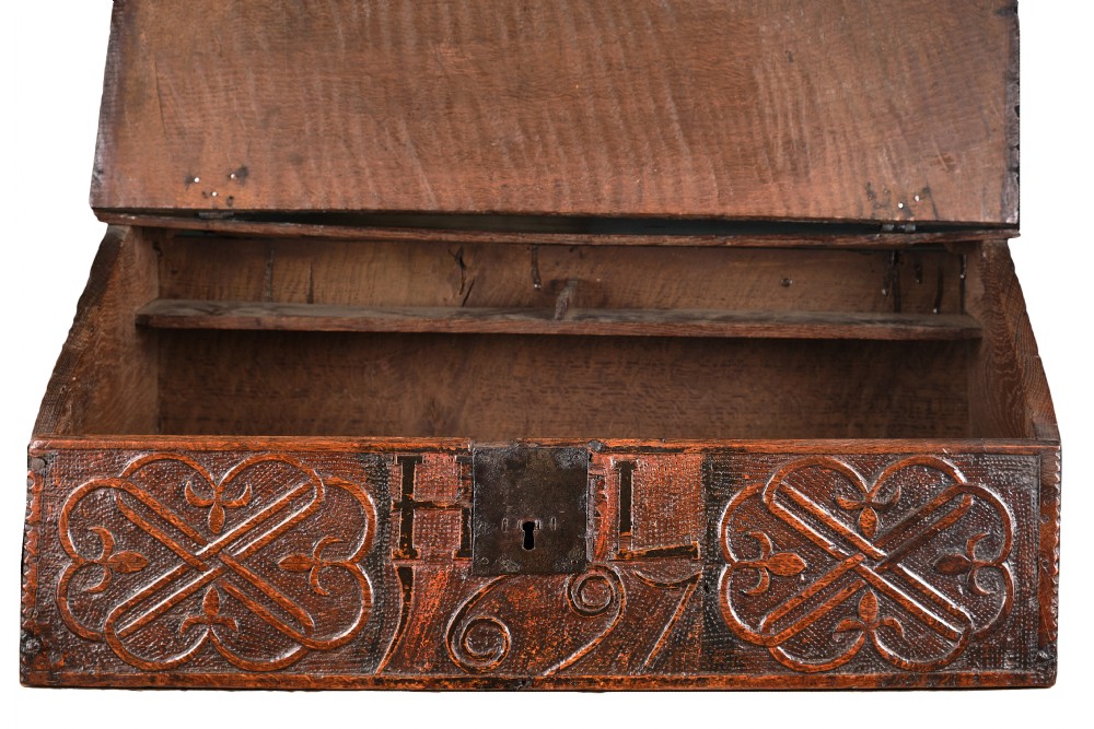 Dated, Initialled and Carved Oak Desk Box View V