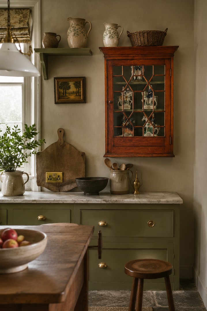 An antique timber wall cabinet featuring a geometric glazed glass door and a painted green interior with shelves. View V