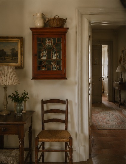 An antique timber wall cabinet featuring a geometric glazed glass door and a painted green interior with shelves. View VI