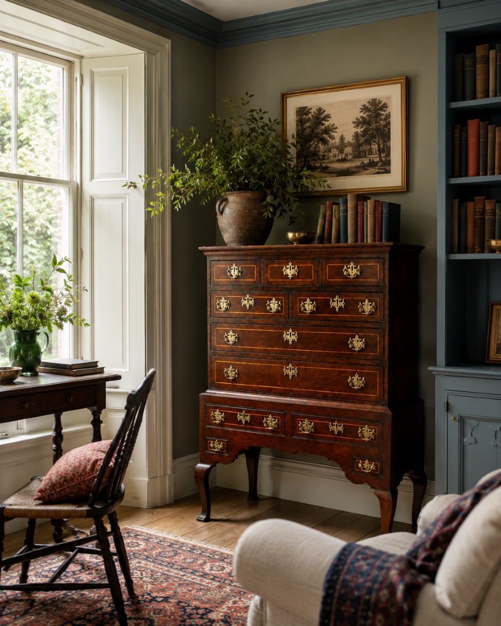 An antique Georgian dark brown oak chest on stand with multiple inlaid drawers, brass handles, and cabriole legs. View VII