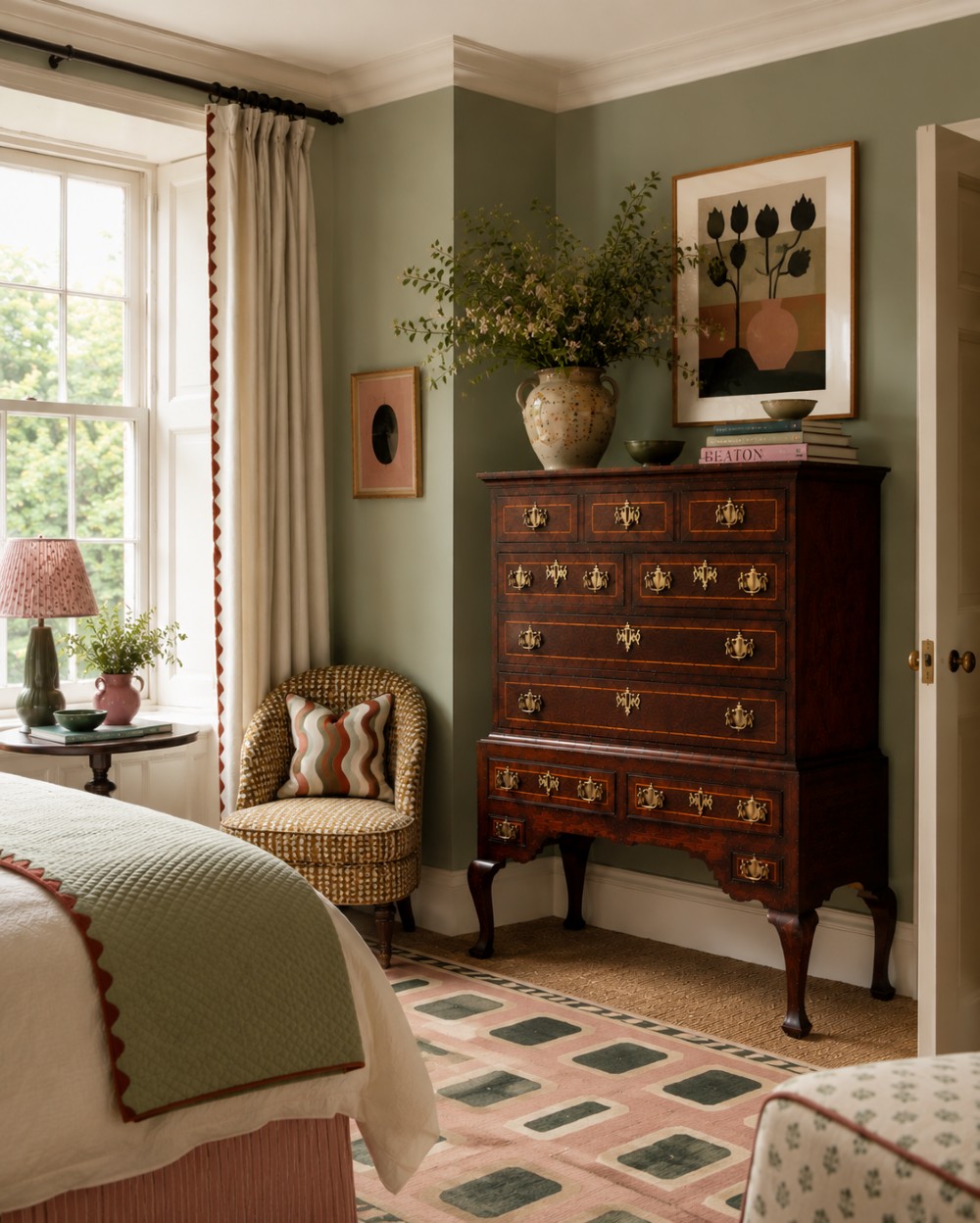 An antique Georgian dark brown oak chest on stand with multiple inlaid drawers, brass handles, and cabriole legs. View VIII