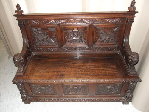 Carved Oak Bench with Tavern Scenes