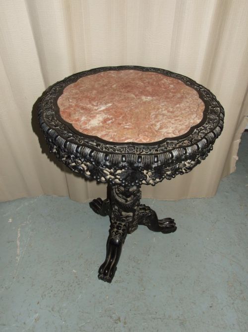 Marble Top Ebonized Carved Table