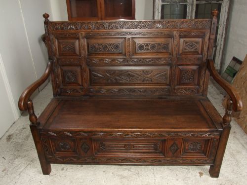A Carved Oak Monks Bench/ Hall Bench