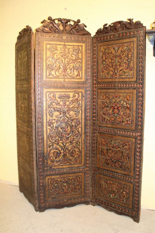 Antique Walnut & Leather Polychrome Painted 3 Fold Screen