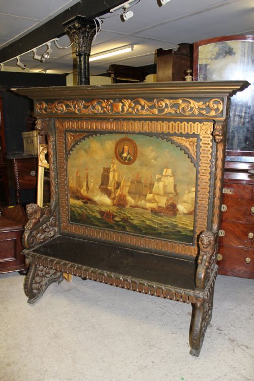 A Very Unusual Carved Settle/bench with Painted Ships Battle Scene