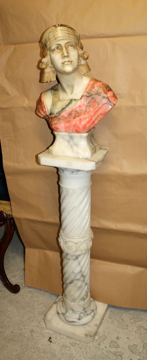 An Alabaster & Marble Art Nouveau Bust of Lady & Pedestal Signed