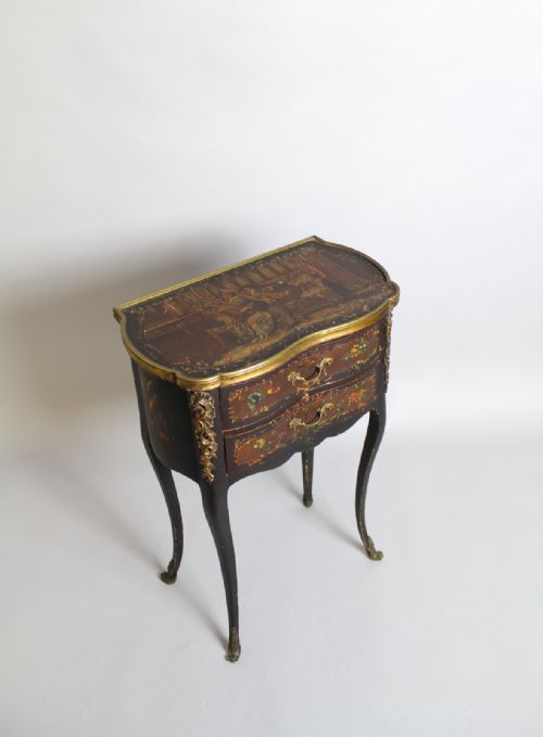 fig 1. A French Black Lacquered Painted & Ormolu Side Table Chest Bearing label By Louis Majorelle