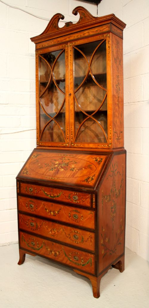 Edwardian Satinwood Painted Bureau Bookcase in the Sheraton Taste