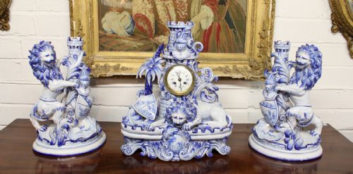 French Blue & White Lion Clock Set Signed St.clement