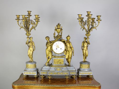 A French Gilt Bronze & Marble Clock Set of Grand Proportions