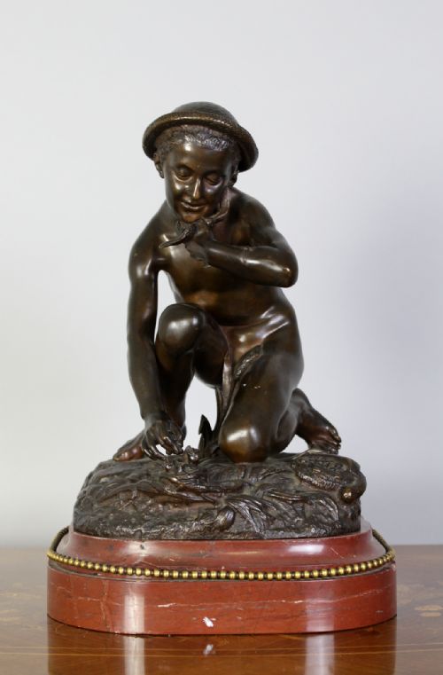 A Bronze Figure of Boy on Marble Base Signed Thiebaut Freres Fondeurs Paris