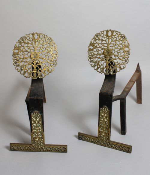 A Pair of Arts & Crafts Brass & Iron Fire Dogs/ Andirons