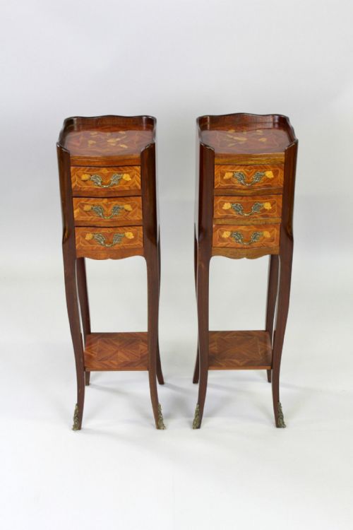 A Pretty Pair of French King Wood & Marquetry Bedside / Chest