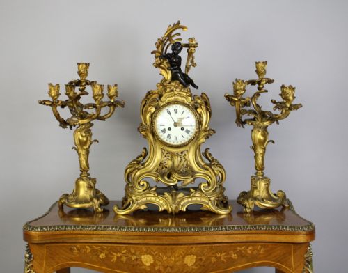 A Superb Quality Gilt Bronze Clock Set in Rococo Style