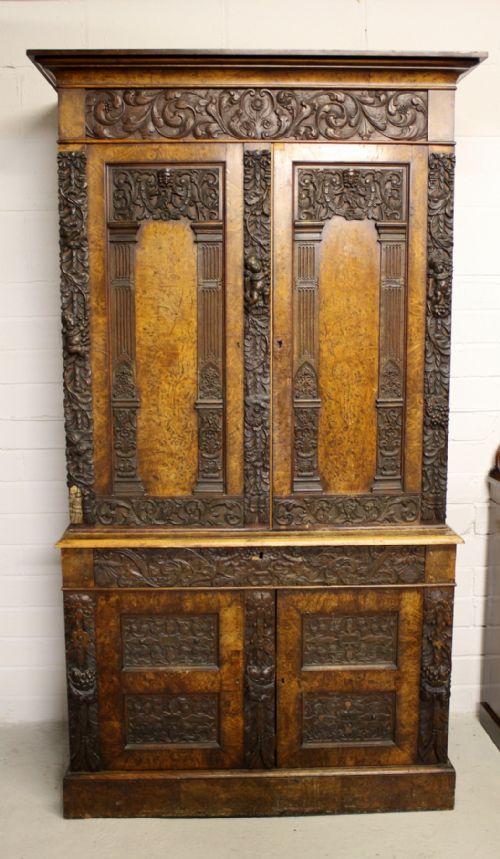 A Beautiful Quality Carved Burr Walnut Linen Press/cupboard