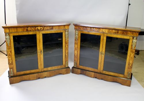 A 19th Century Victorian Burr Walnut & Marquetry Pair of Pier Cabinets
