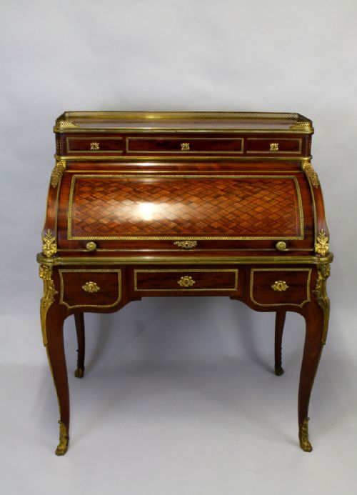 An Exhibition Quality French Mahogany & Parquetry Gilt Bronze Cylinder Desk