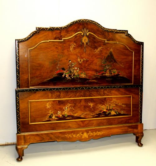 A Superb Chinoiserie Decorated and Burr Walnut Double Bed by Maple and Co