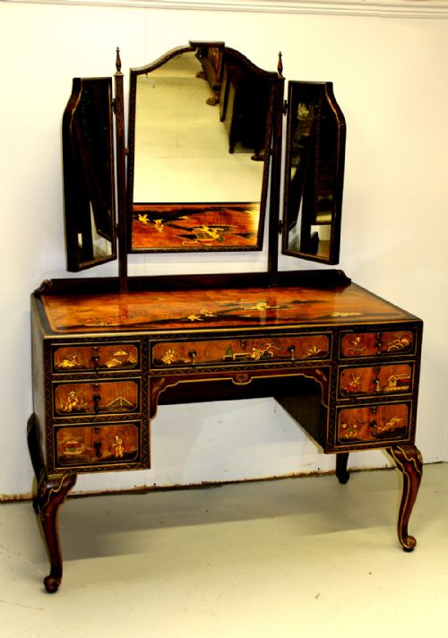 A Superb Chinoiserie Decorated and Burr Walnut Dressing Table by Maple and Co