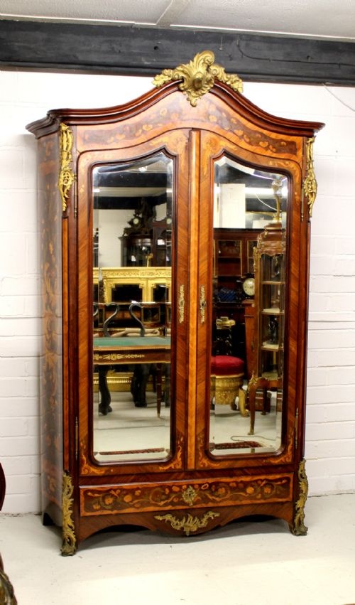 A Quality French Kingwood and Marquetry Inlaid Ormolu Mounted Bedroom Pair.  Wardrobe and Bed.