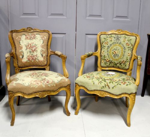 Two Pretty French Tapestry Upholstered Chairs in Beech