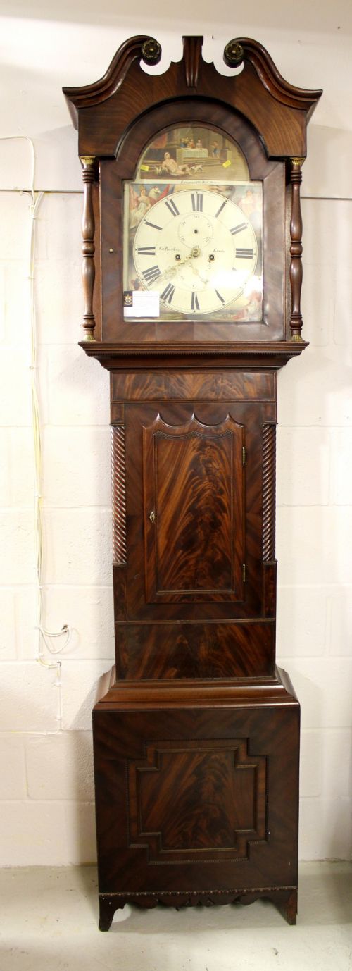 A Mahogany Flamed Veneered Grandfather Clock Signed G Barker. Leeds