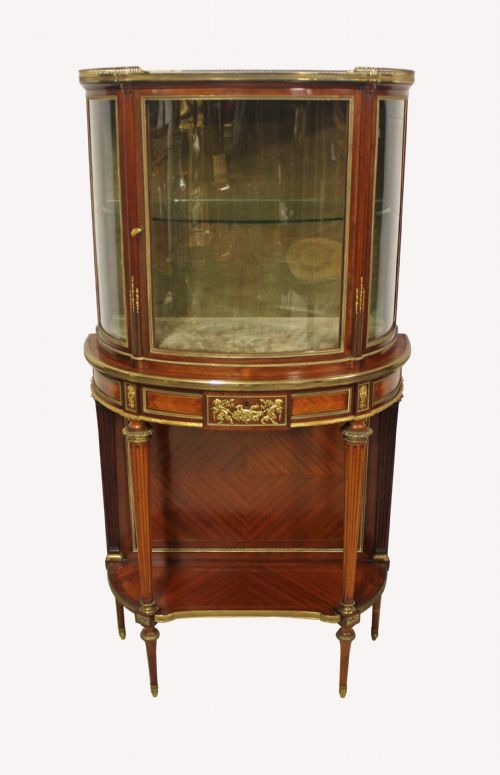 A Stunning Quality French Kingwood and Ormolu Mounted Vitrine Cabinet on Stand with Marble Top by Victor Raulin.