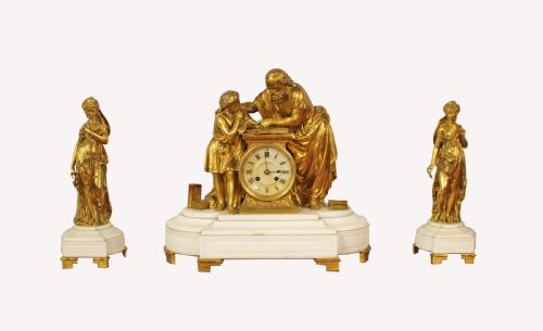 A Lovely Gilt Bronze 3 Piece Mantle Clock Set on White Marble Base
