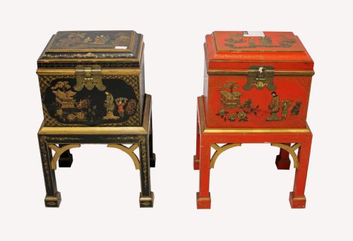 A Decorative Pair of Japanese Lacquered Boxe on Stands