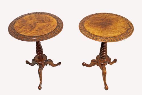 A Beautiful Matched Pair of Victorian Burr Walnut Side Tables