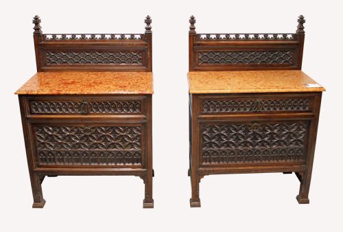 A Pair of Walnut Gothic Side Cabinets with Marble Top