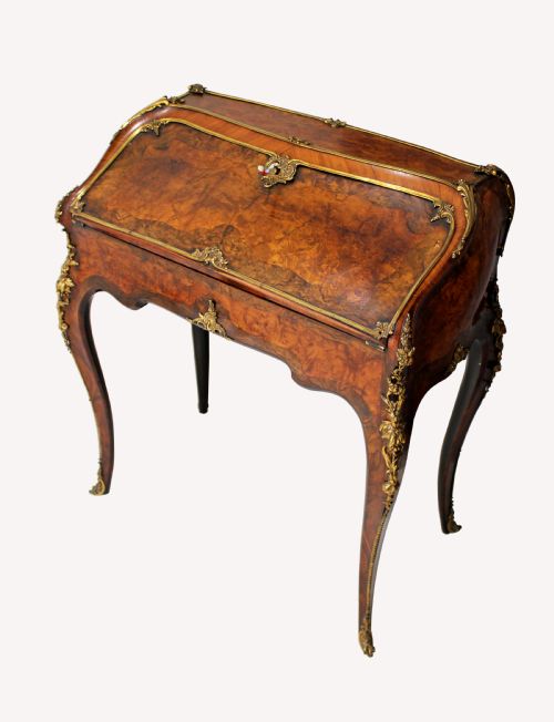 A Stunning Quality English Burr Walnut,kingwood & Ormolu Mounted Bureau in Serpentine Form