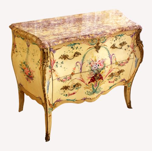 A Beautiful Decorative Painted French Marble Top Commode Chest