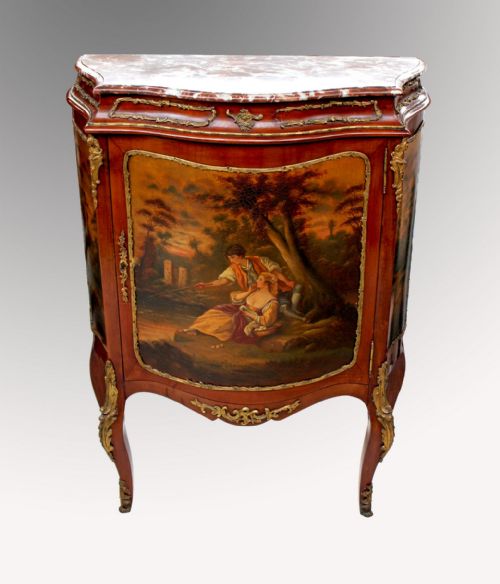 A Very Pretty Small French Marble Top Vernis Martin Cabinet Commode