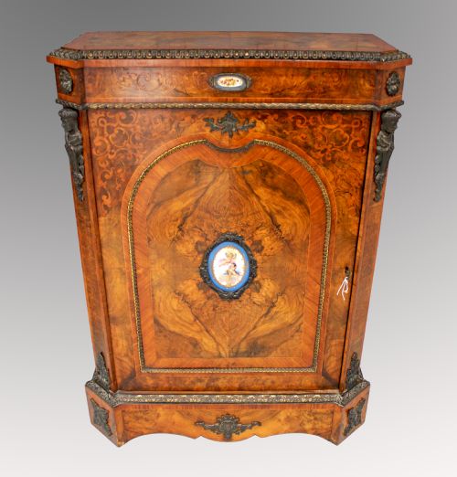 A Lovely Victorian Walnut and Marquetry Inlaid Side Cabinet with Porcelain Plaques