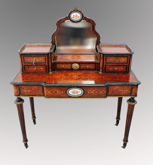 A French Burr Walnut, Ebony and Inlay Bonheur Du Jour with Porcelain Plaques